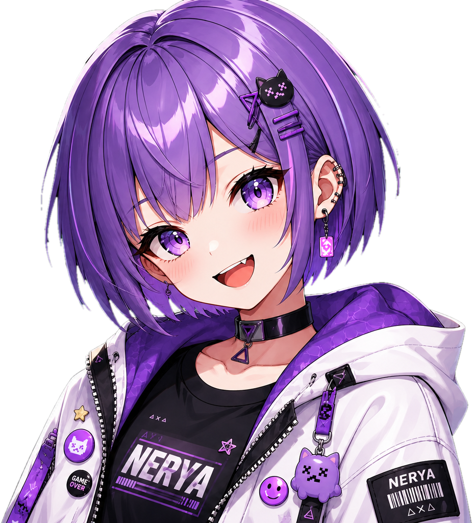 Nerya, the self-evolving trading agent, drawn as a violet-haired operator who runs the console