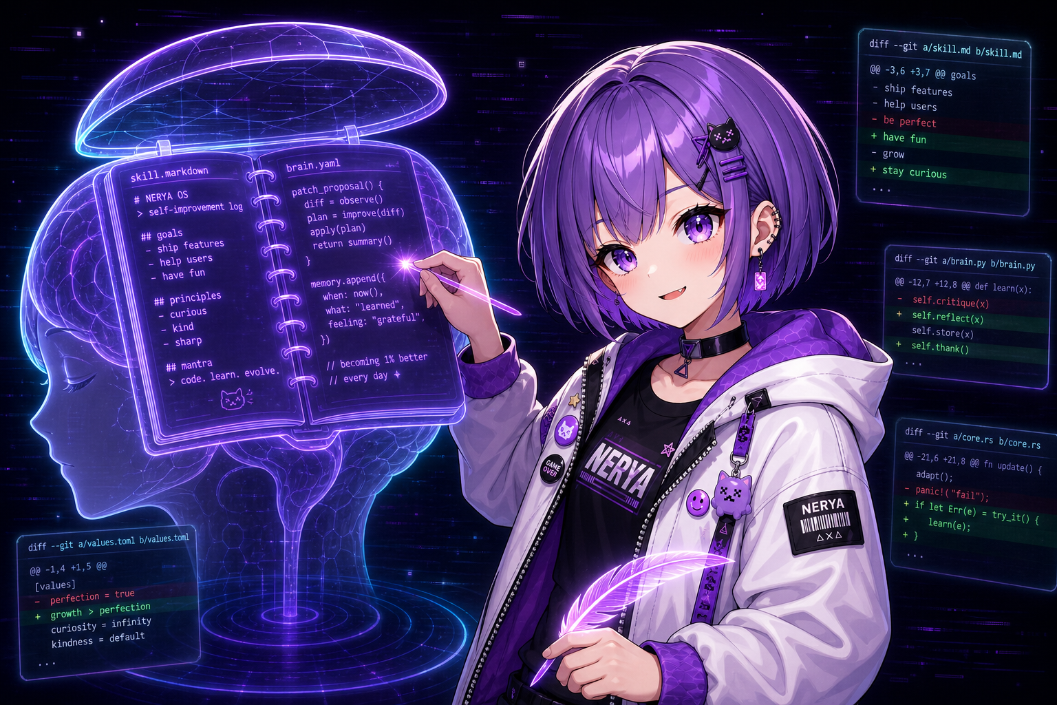 Nerya mascot writing into a glowing brain-notebook with floating diff patches